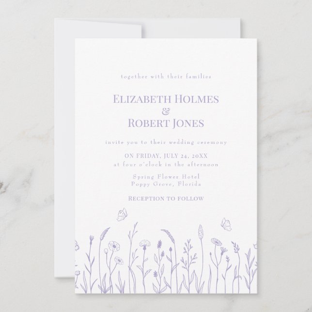Convite de Casamento com Flores Silvestres Roxas d (Frente)