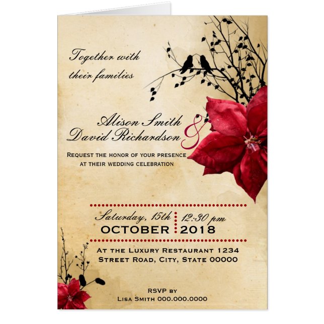 Convite de casamento com flores vermelhas (Frente)