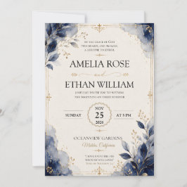 Convite de Casamento com Folha de Aquarela Azul Re