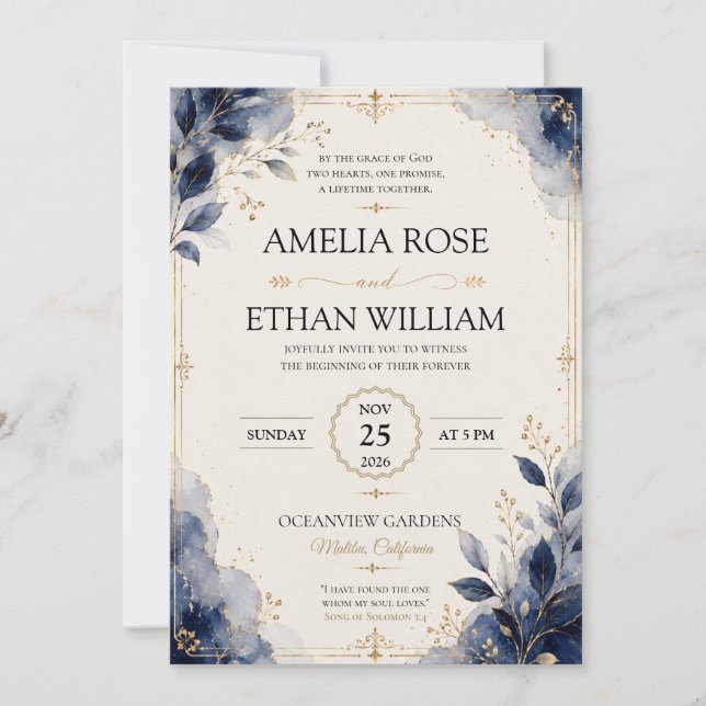Convite de Casamento com Folha de Aquarela Azul Re (Frente)