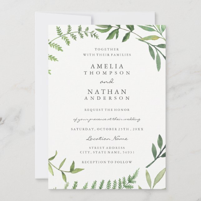 Convite de Casamento com Folha de Aquarela Verde (Frente)