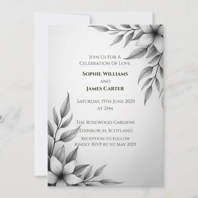 Convite de Casamento com Folhagem Botânica Monocro (Frente)