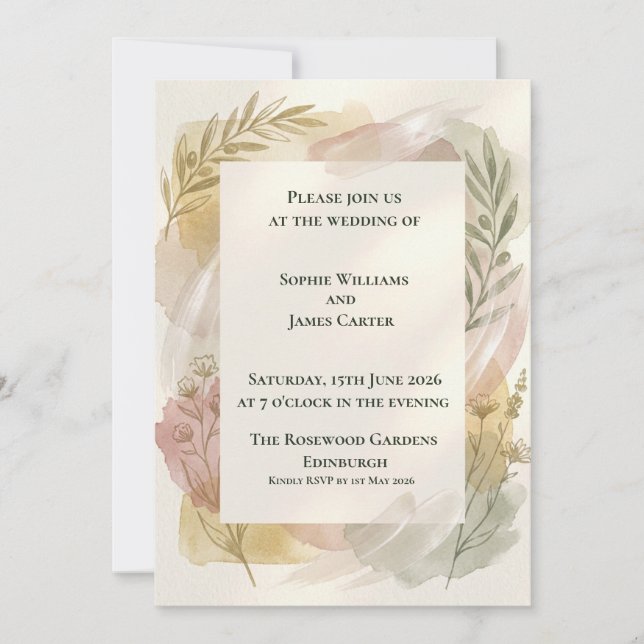 Convite de Casamento com Folhagem Botânica Pastel (Frente)