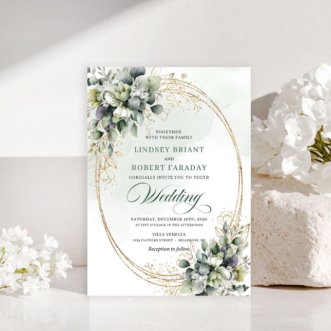 Convite de casamento com folhagem de rosa branca e (Elegant white rose greenery wedding invitation)