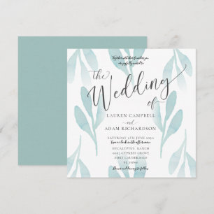 Convite de Casamento com Folhagem em Aquarela Azul
