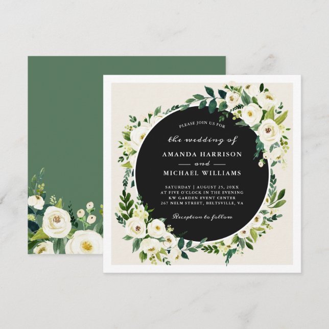 Convite de Casamento com Folhagem em Branco Marfim (Frente/Verso)