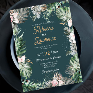 Convite de casamento com folhagem floral tropical 