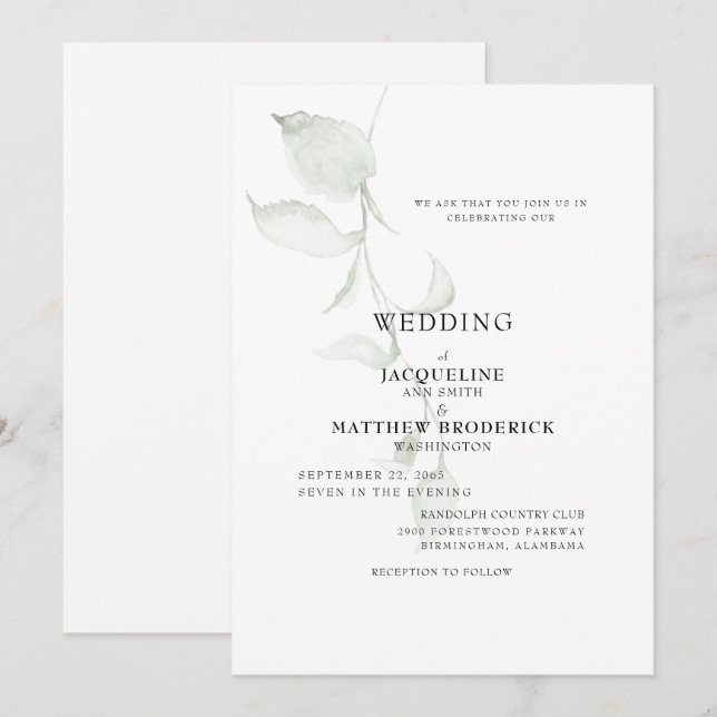 Convite de Casamento com Folhagem Moderna (Frente/Verso)