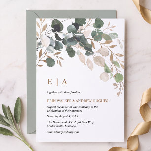 Convite de Casamento com Folhagem Monograma Dourad
