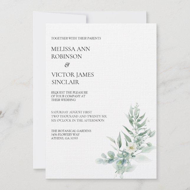 Convite de Casamento com Folhagem Verde (Frente)