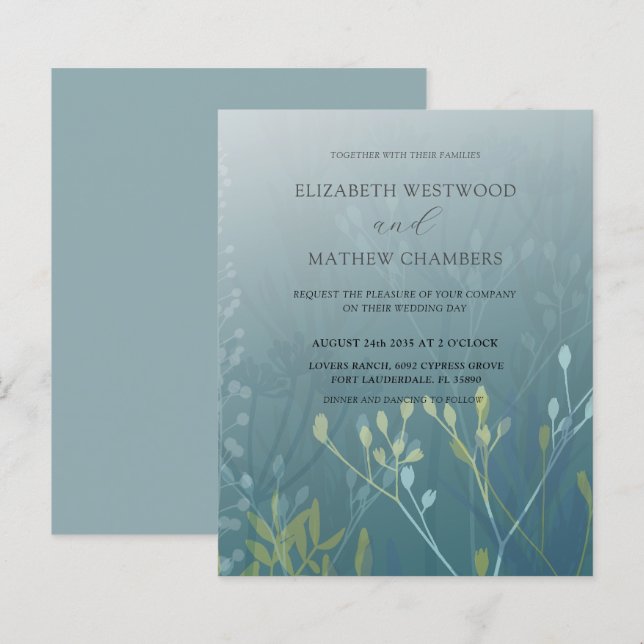 Convite de Casamento com Folhagem Verde Azul Econô (Frente/Verso)