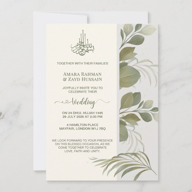 Convite de Casamento com Folhagem Verde Safira Ele (Frente)