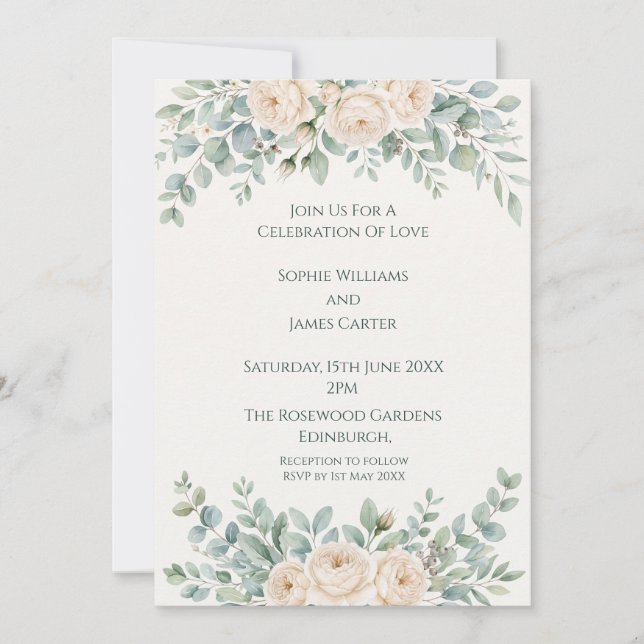 Convite de Casamento com Folhagens Marfim Rosa (Frente)