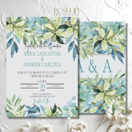 Convite de Casamento com Folhas de Aquarela Azul V