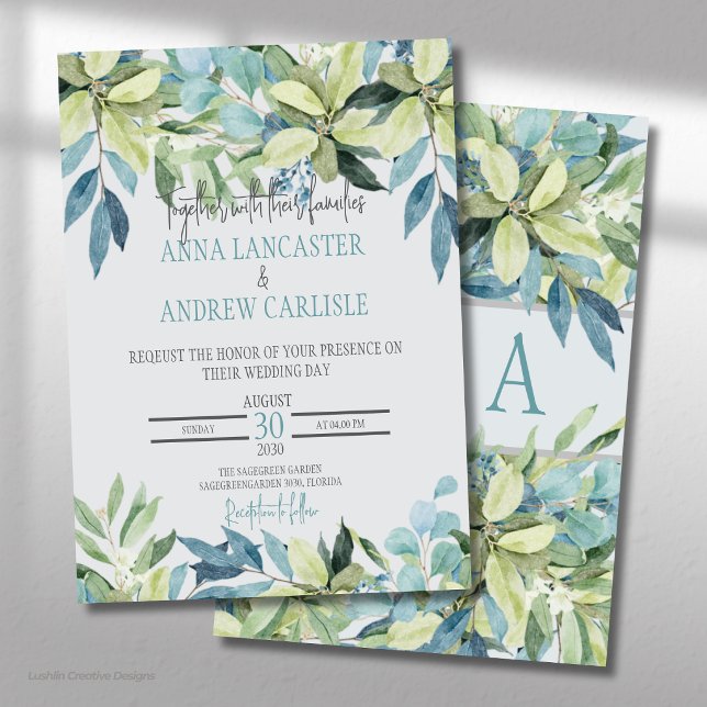 Convite de Casamento com Folhas de Aquarela Azul V (Criador carregado)