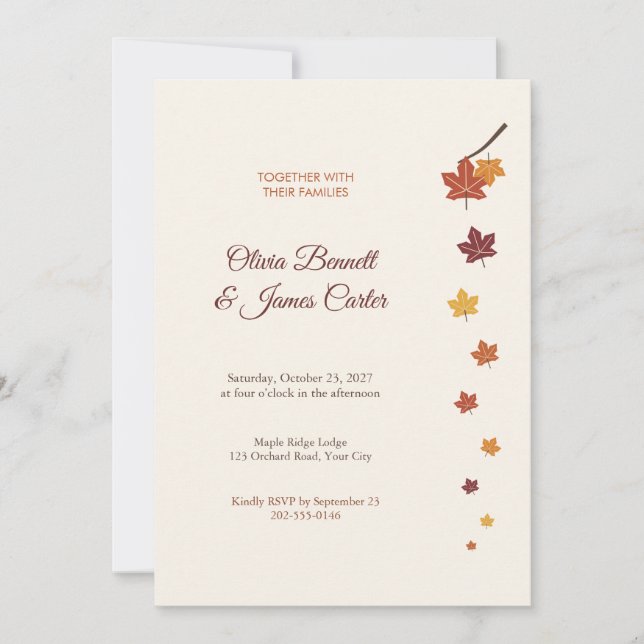 Convite de Casamento com Folhas de Bordo Outonais (Frente)