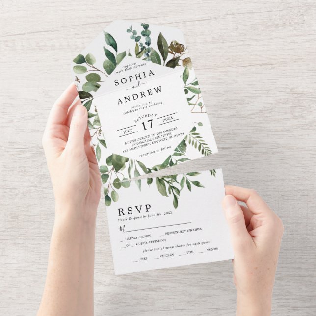 Convite de Casamento com Folhas de Eucalipto Tudo  (Aba destacável)