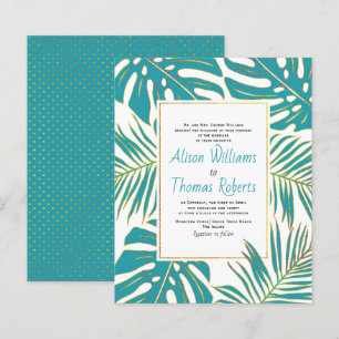 Convite de casamento com folhas tropicais azul-tur
