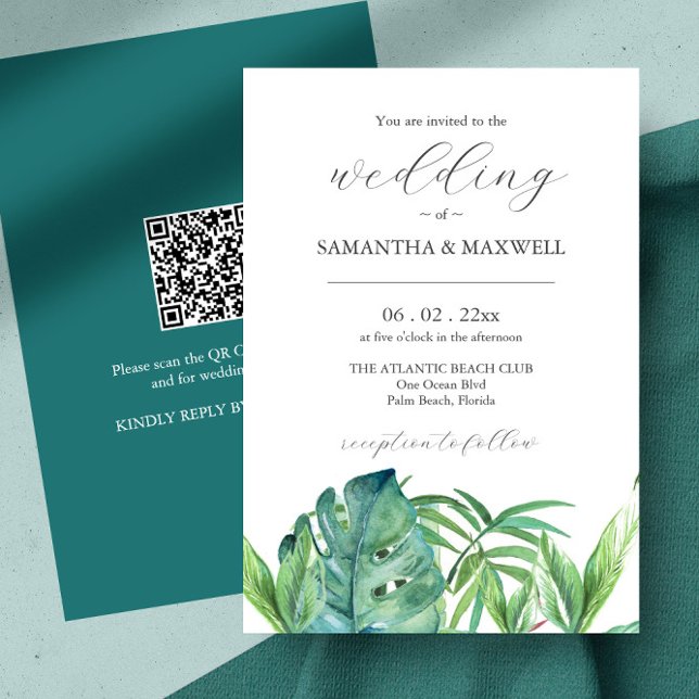 Convite de Casamento com Folhas Tropicais de Códig (Affordable destination wedding ideas feature tropical watercolor art by Victoria Grigaliunas )