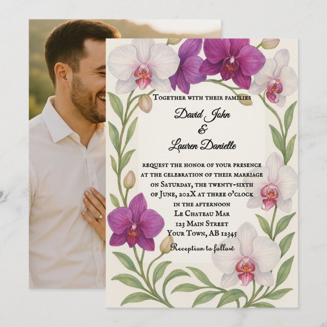Convite de Casamento com Foto Abraço de Orquídea (Frente/Verso)