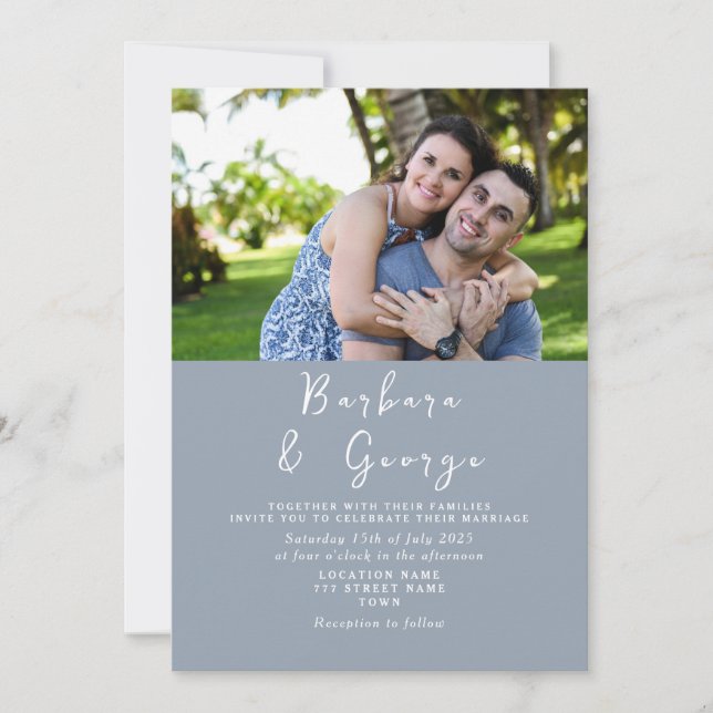 Convite de Casamento com Foto Azul Empoeirado (Frente)