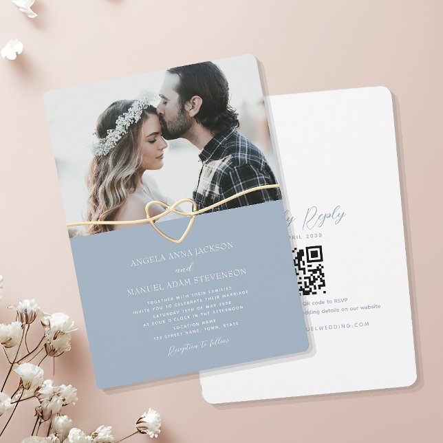 Convite de Casamento com Foto Azul Empoeirado e Có (Criador carregado)