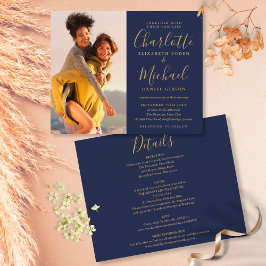 Convite de Casamento com Foto Azul Marinho Dourado