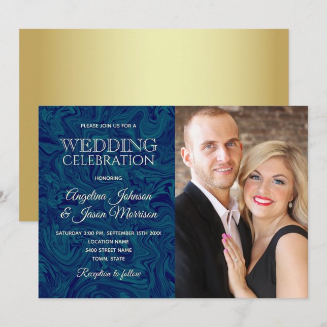 Convite de Casamento com Foto Azul Marinho Dourado (Frente/Verso)