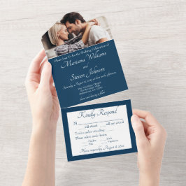 Convite de Casamento com Foto Azul Marinho Elegant