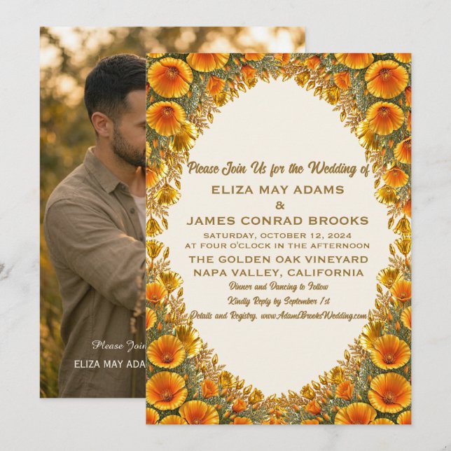 Convite de Casamento com Foto California Poppy Gol (Frente/Verso)