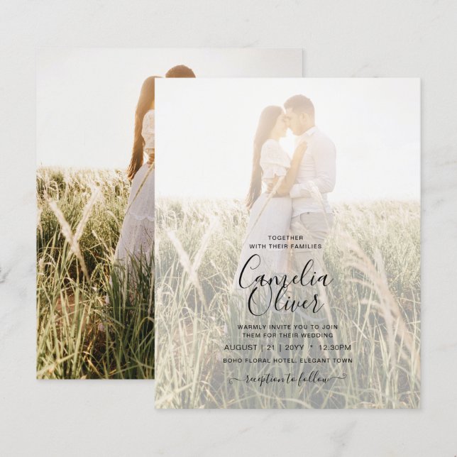 Convite de Casamento com Foto Clássico Branco Dour (Frente/Verso)