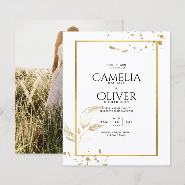 Convite de Casamento com Foto Clássico Branco Dour (Frente/Verso)