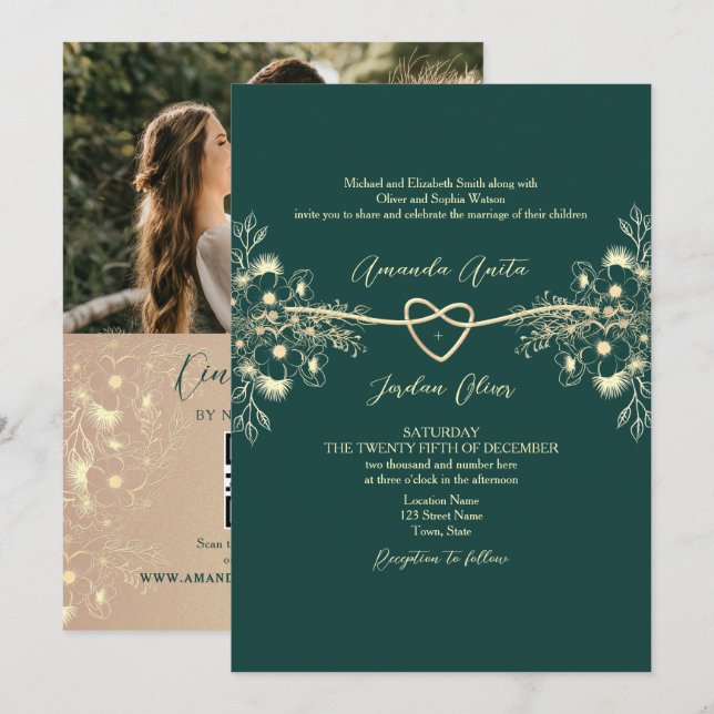 Convite de Casamento com Foto Código QR Esmeralda  (Frente/Verso)