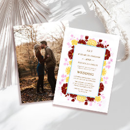 convite de casamento com foto colorida floral únic