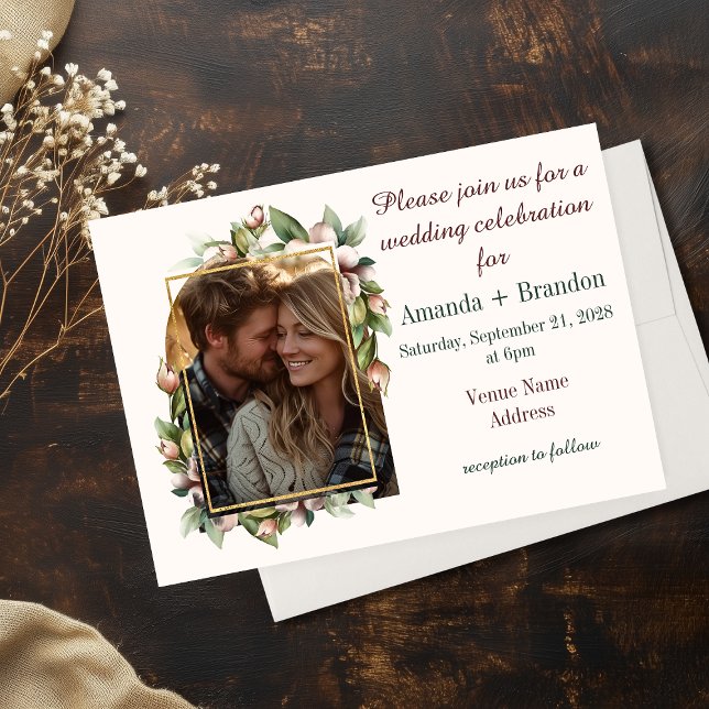 Convite de Casamento com Foto de Arco Floral Boho  (Elegant Boho Floral Arch Photo Wedding Invitations)