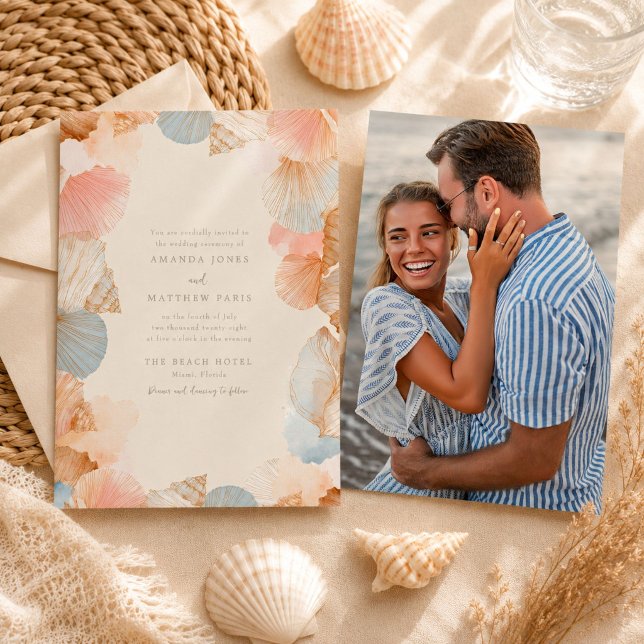 Convite de Casamento com Foto de Conchas Marinhas  (Coastal Seashell Photo Wedding Invitation)