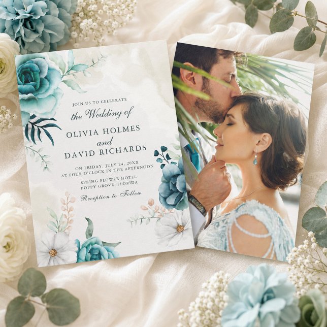 Convite de Casamento com Foto de Flor Silvestre Az (Teal Wildflower Photo Wedding Invitation)