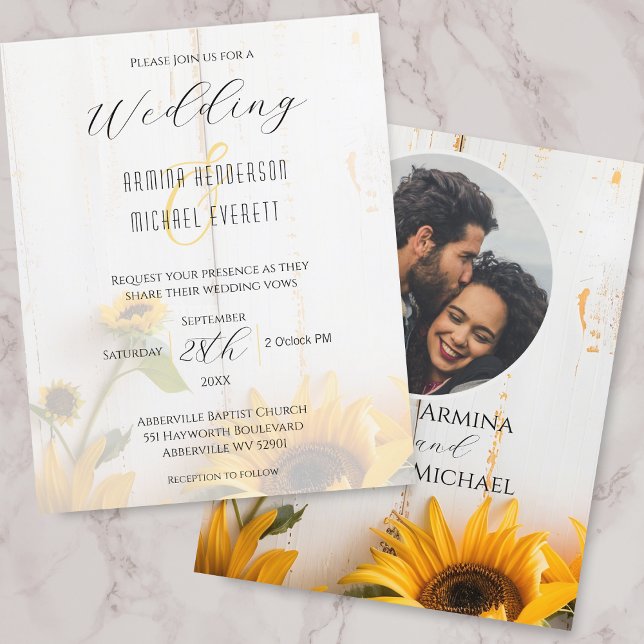 Convite de casamento com foto de girassol rústico  (Criador carregado)