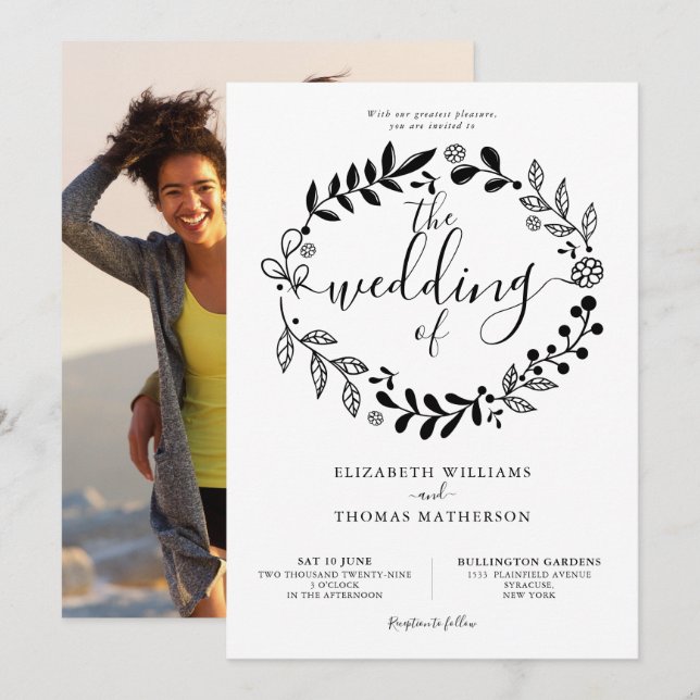 Convite de Casamento com Foto de Grinalda Floral P (Frente/Verso)