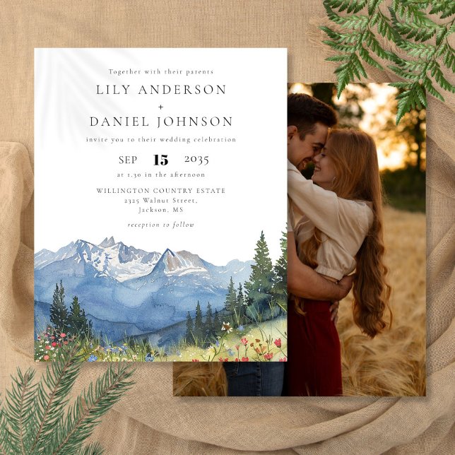 Convite de Casamento com Foto de Montanha em Aquar (Budget Watercolor Mountain Photo Wedding Invite)