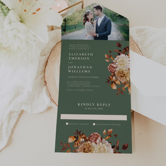 Convite de Casamento com Foto de Outono Sage Tudo  (Sage Green Fall Floral Photo Wedding All In One Invitation by Painted Paperie
)