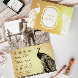 Convite de Casamento com Foto de Pavão em Sépia co