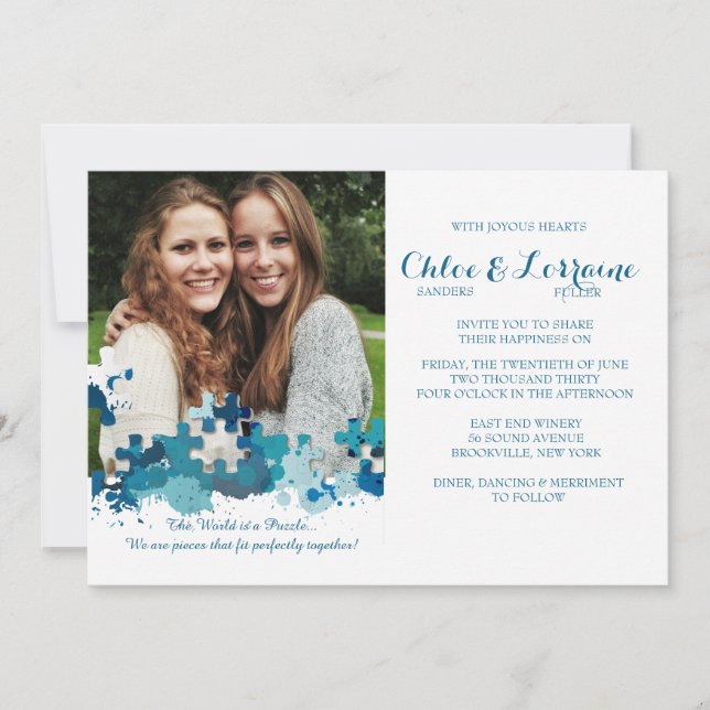 Convite de Casamento com Foto de Peças de Puzzle (Frente)