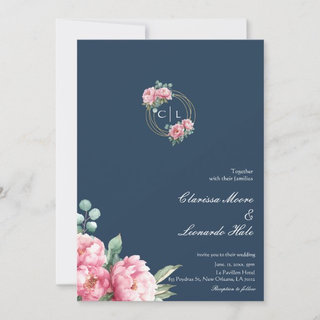 Convite de Casamento com Foto de Peônia em Azul Ma (Frente)