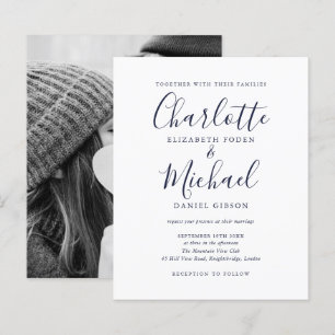 Convite de casamento com foto de script azul marin
