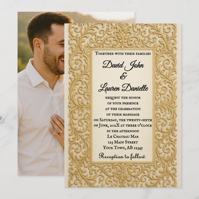Convite de Casamento com Foto de Um Sonho Dourado (Frente/Verso)