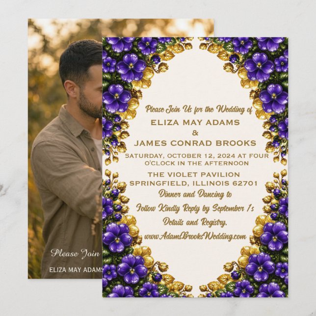 Convite de Casamento com Foto de Violeta Azul de I (Frente/Verso)