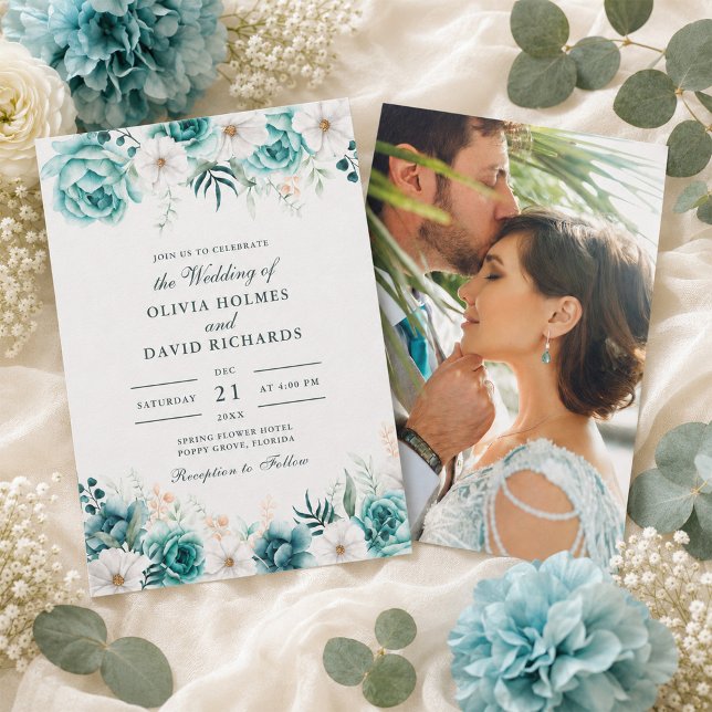 Convite de Casamento com Foto do Casal Botânico Ve (Teal Botanical Couple Photo Wedding Invitation)