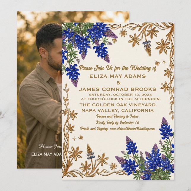 Convite de Casamento com Foto do Texas Bluebonnet (Frente/Verso)