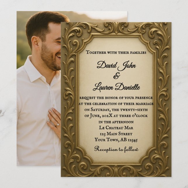 Convite de Casamento com Foto Dourada a Ouro (Frente/Verso)